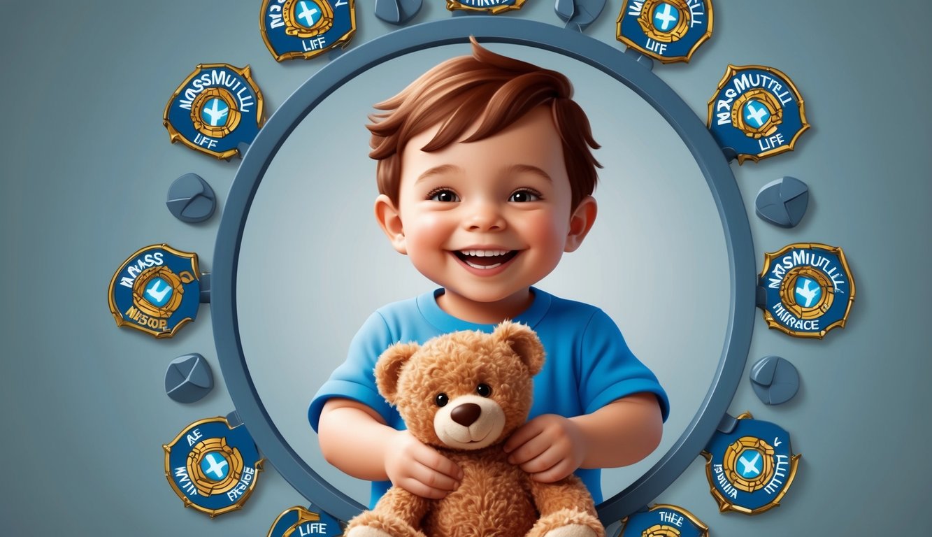 A smiling child holding a teddy bear while surrounded by a protective shield of MassMutual Whole Life Insurance symbols