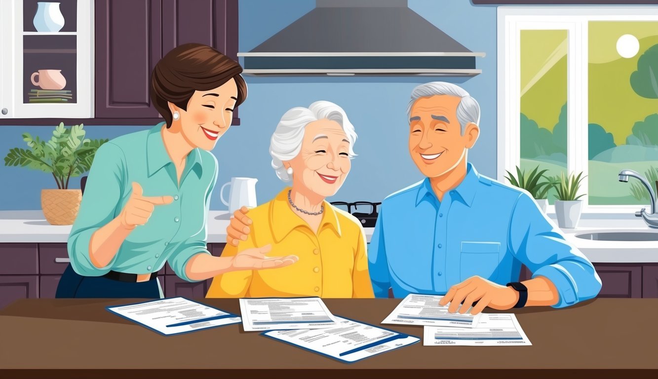 Woman helping elderly couple with paperwork in their kitchen