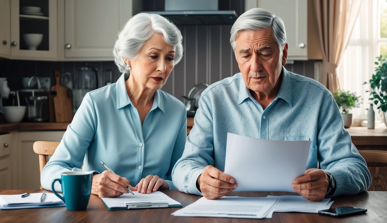 An elderly couple sitting at a kitchen table reviewing paperwork with a concerned expression