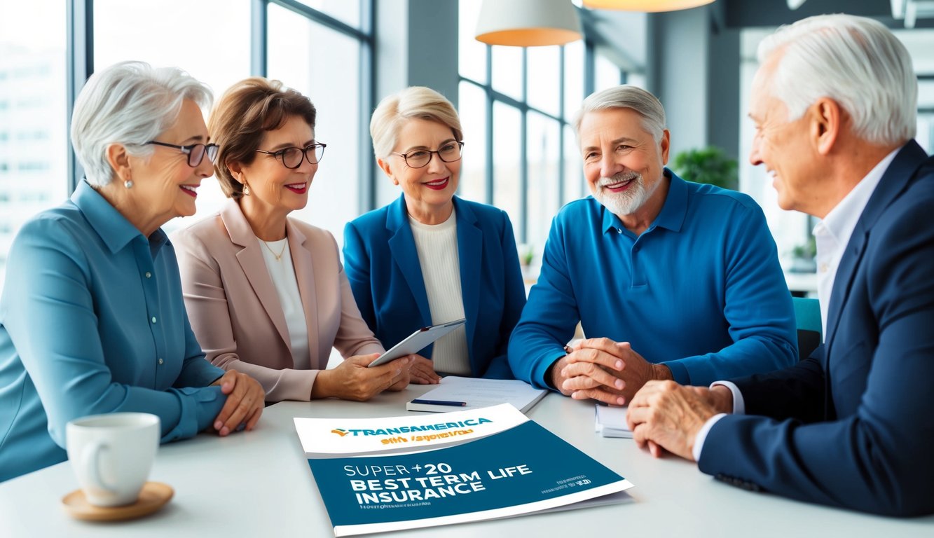 A group of seniors discussing life insurance options in a modern office setting, with a Transamerica Trendsetter Super 20 Best term life insurance brochure on the table