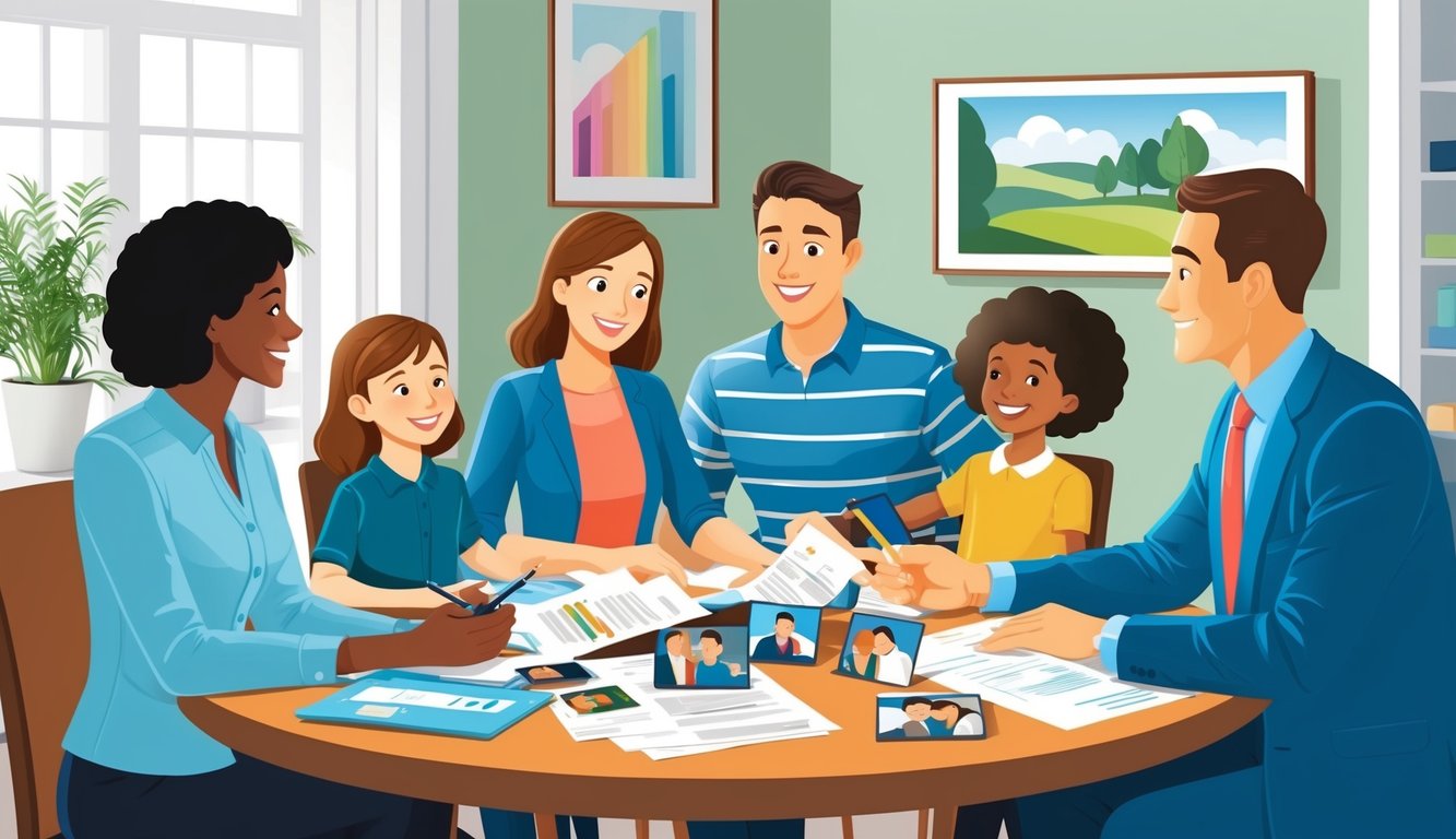 Family and advisor reviewing documents at a round table, smiling