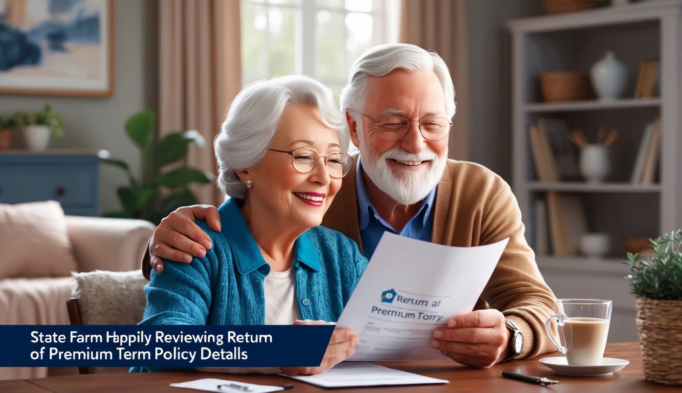 A tranquil senior couple happily reviewing State Farm Return of Premium Term policy details at their cozy home