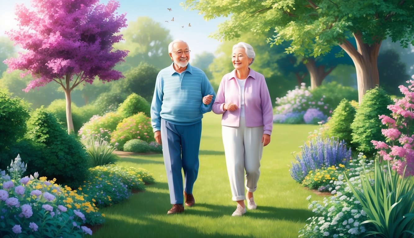 Elderly couple walking hand-in-hand through a colorful, flowered garden
