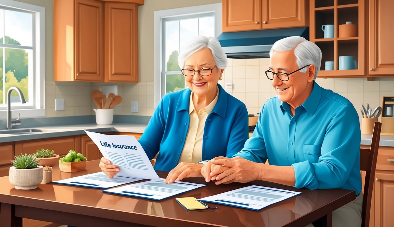 An elderly couple sitting at a kitchen table reviewing life insurance documents with a representative