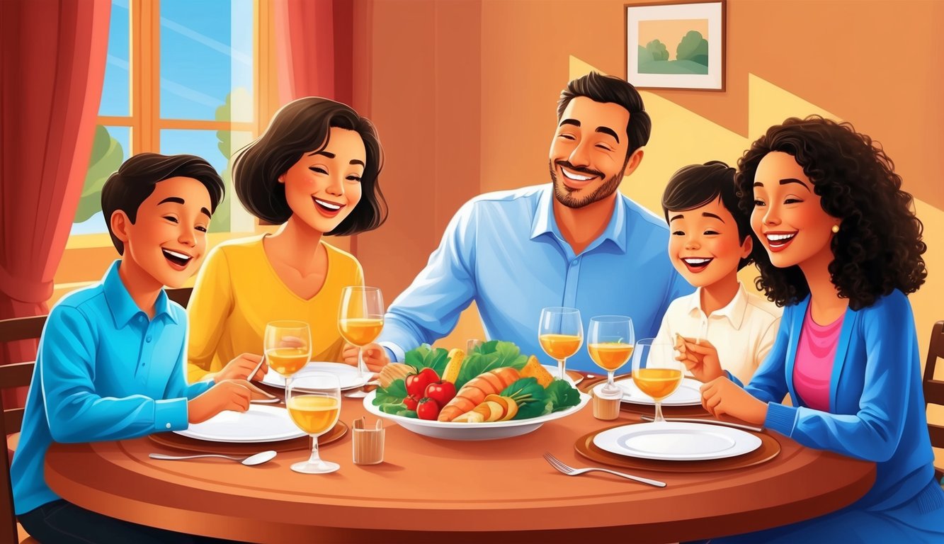 A happy family sitting around a dinner table, smiling and laughing together, with a warm and inviting atmosphere