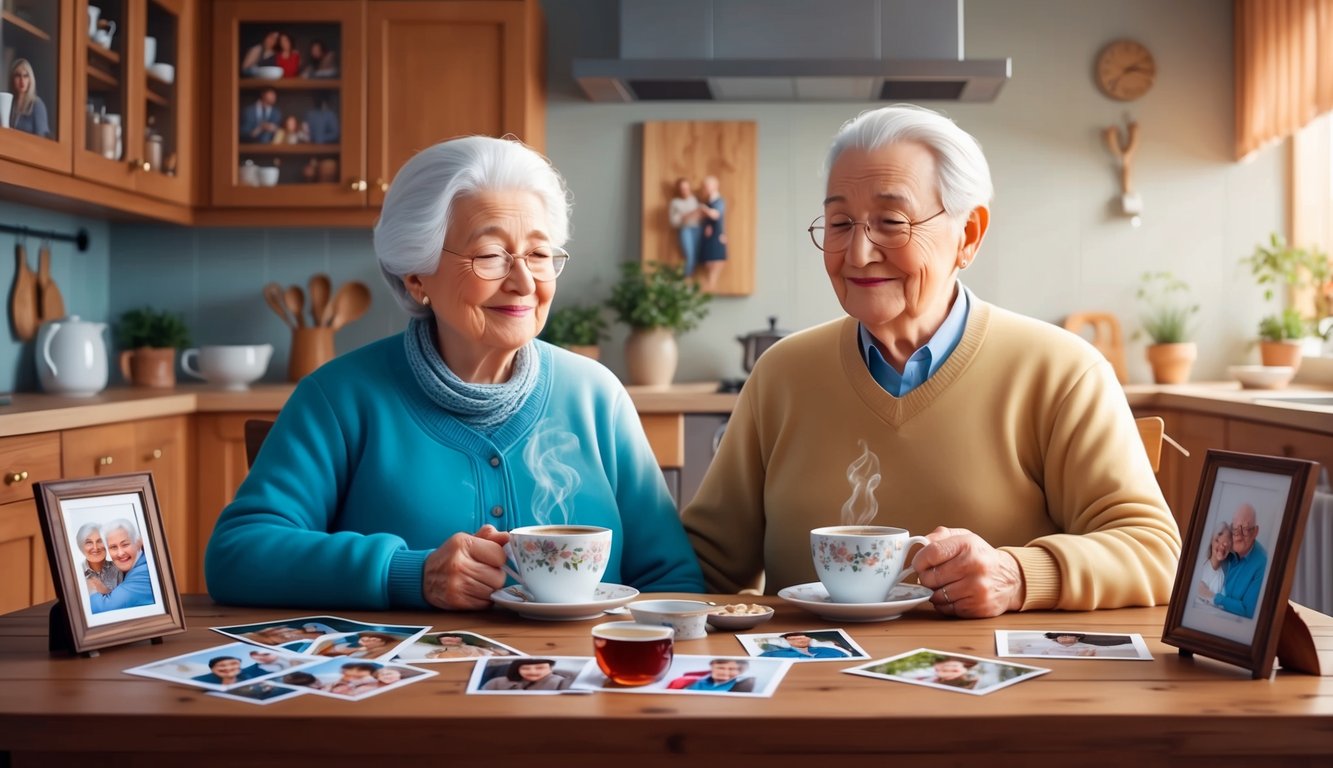 A serene elderly couple sitting at a cozy kitchen table, surrounded by family photos and a warm cup of tea