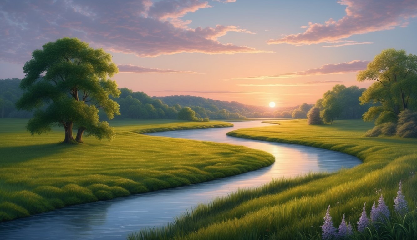 A serene landscape with a winding river, lush greenery, and a peaceful sunset sky