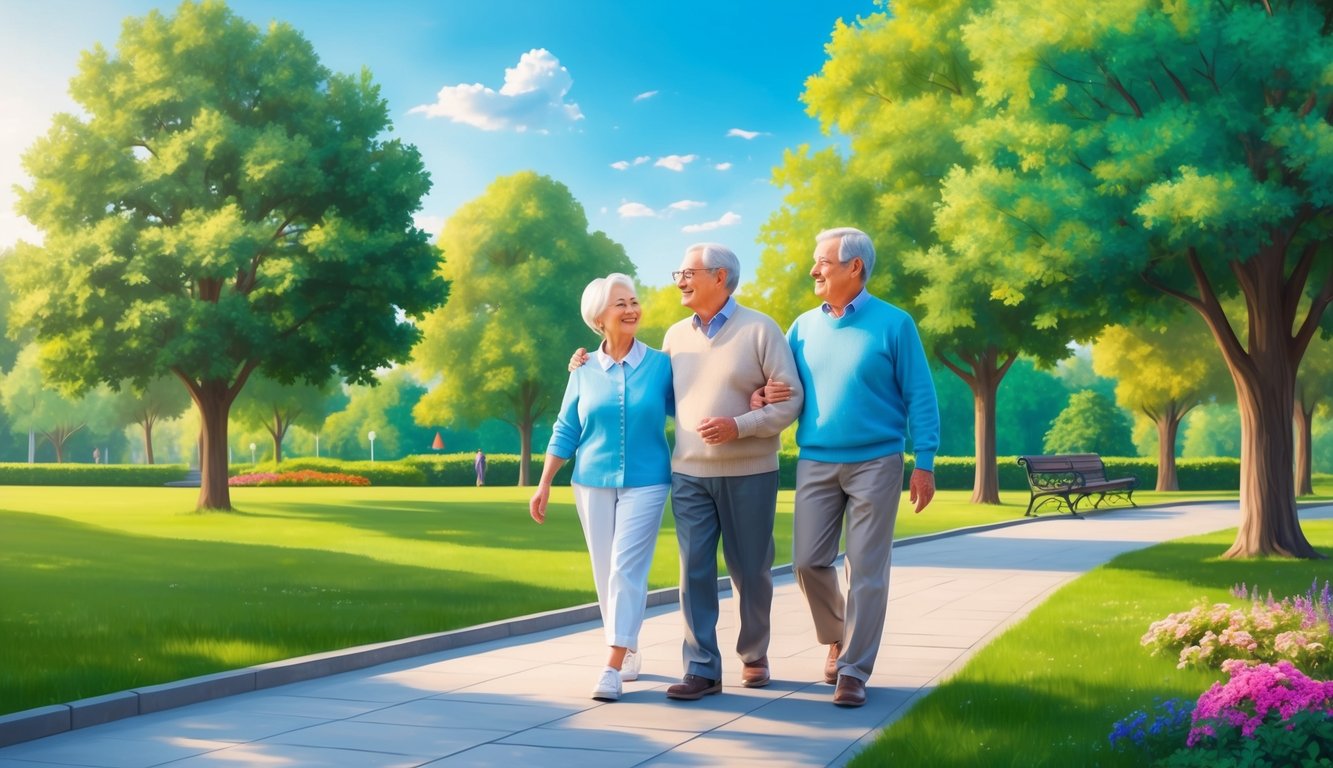 A serene senior couple enjoying a peaceful walk in a beautiful park, surrounded by vibrant greenery and a clear blue sky