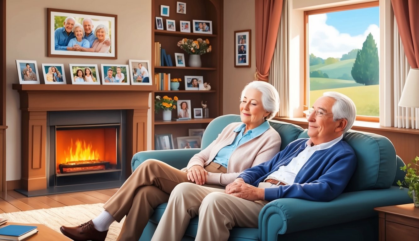 A serene elderly couple relaxing in a cozy living room, surrounded by family photos and a warm fireplace