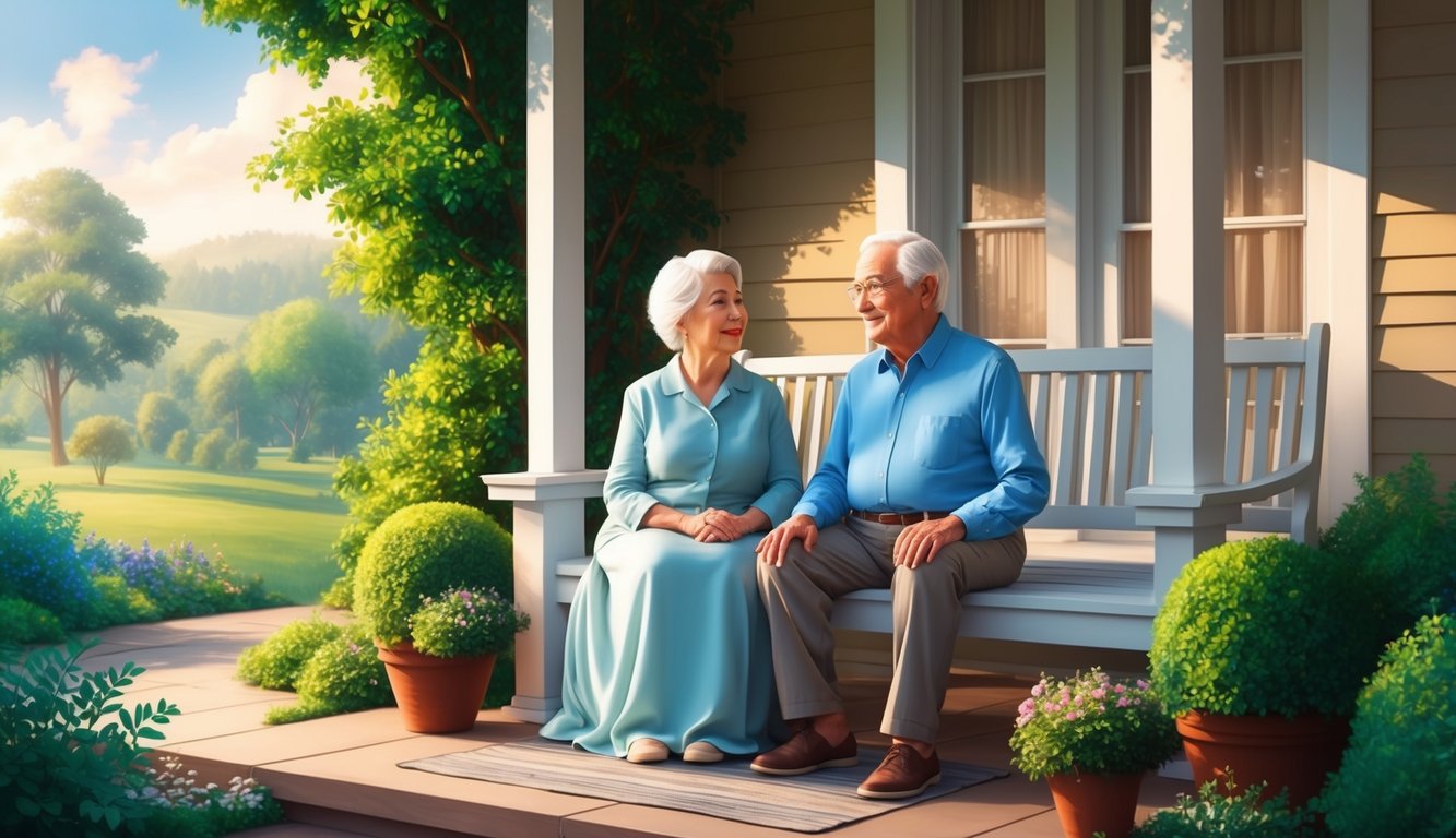 A serene elderly couple sitting on a porch, surrounded by lush greenery and a peaceful landscape, with a warm and inviting atmosphere