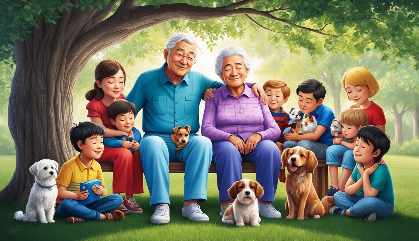 A serene elderly couple sitting under a shady tree, surrounded by their grandchildren and pets, with a peaceful and content expression on their faces