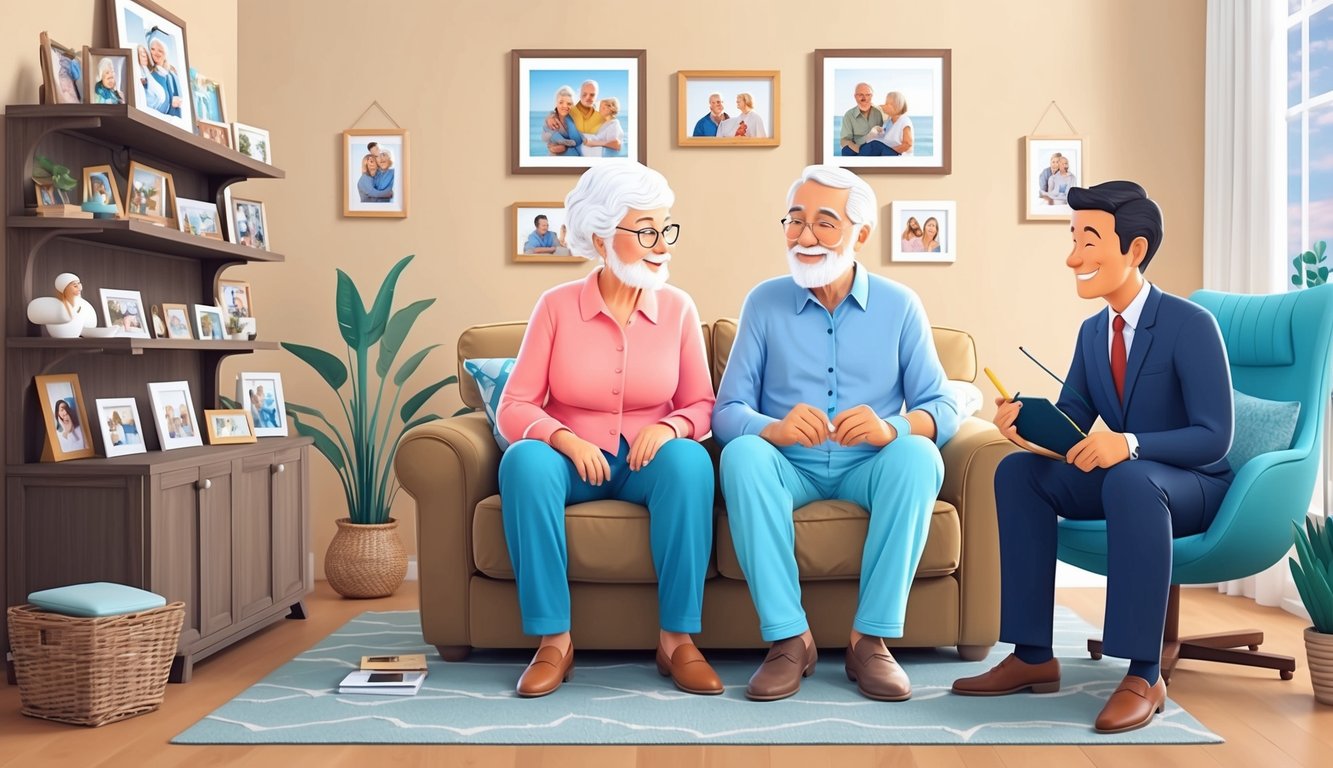 A serene elderly couple sitting in a cozy living room, surrounded by family photos and cherished mementos, while discussing senior life insurance options with a friendly agent