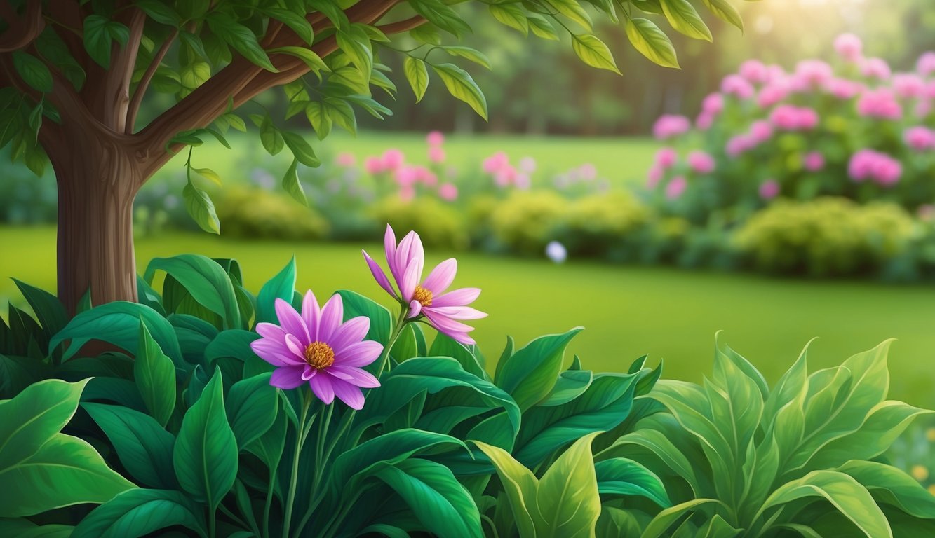 Purple flowers in a lush green garden with a tree in the foreground