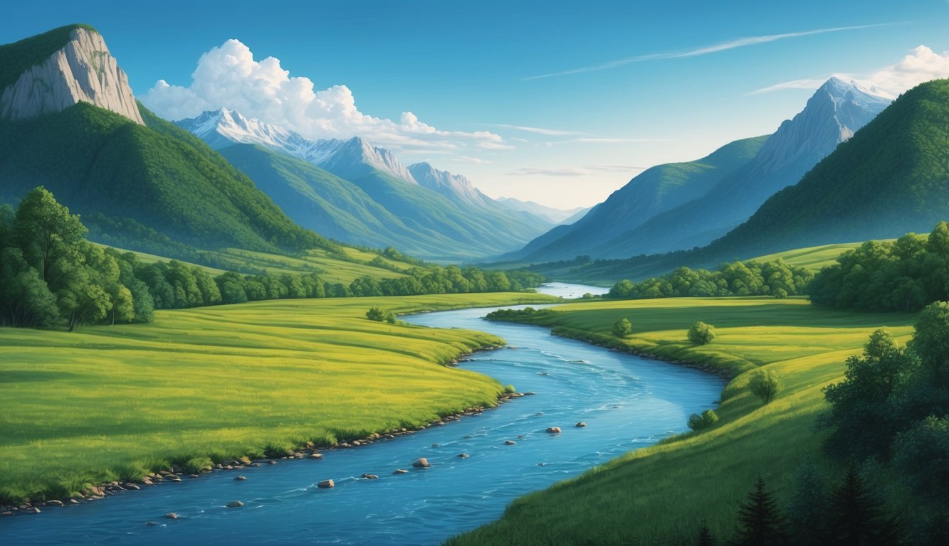 A serene landscape with a peaceful river flowing through a lush green valley, surrounded by towering mountains under a clear blue sky