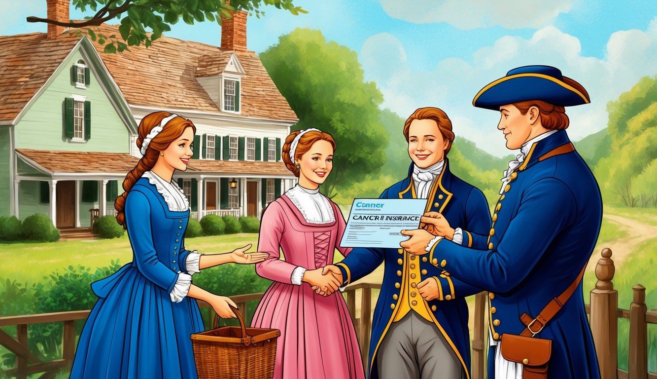 A colonial-era family receiving a cancer insurance policy from a representative in a quaint, rustic setting