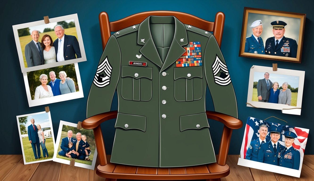 Military uniform on a chair with family photos pinned around it