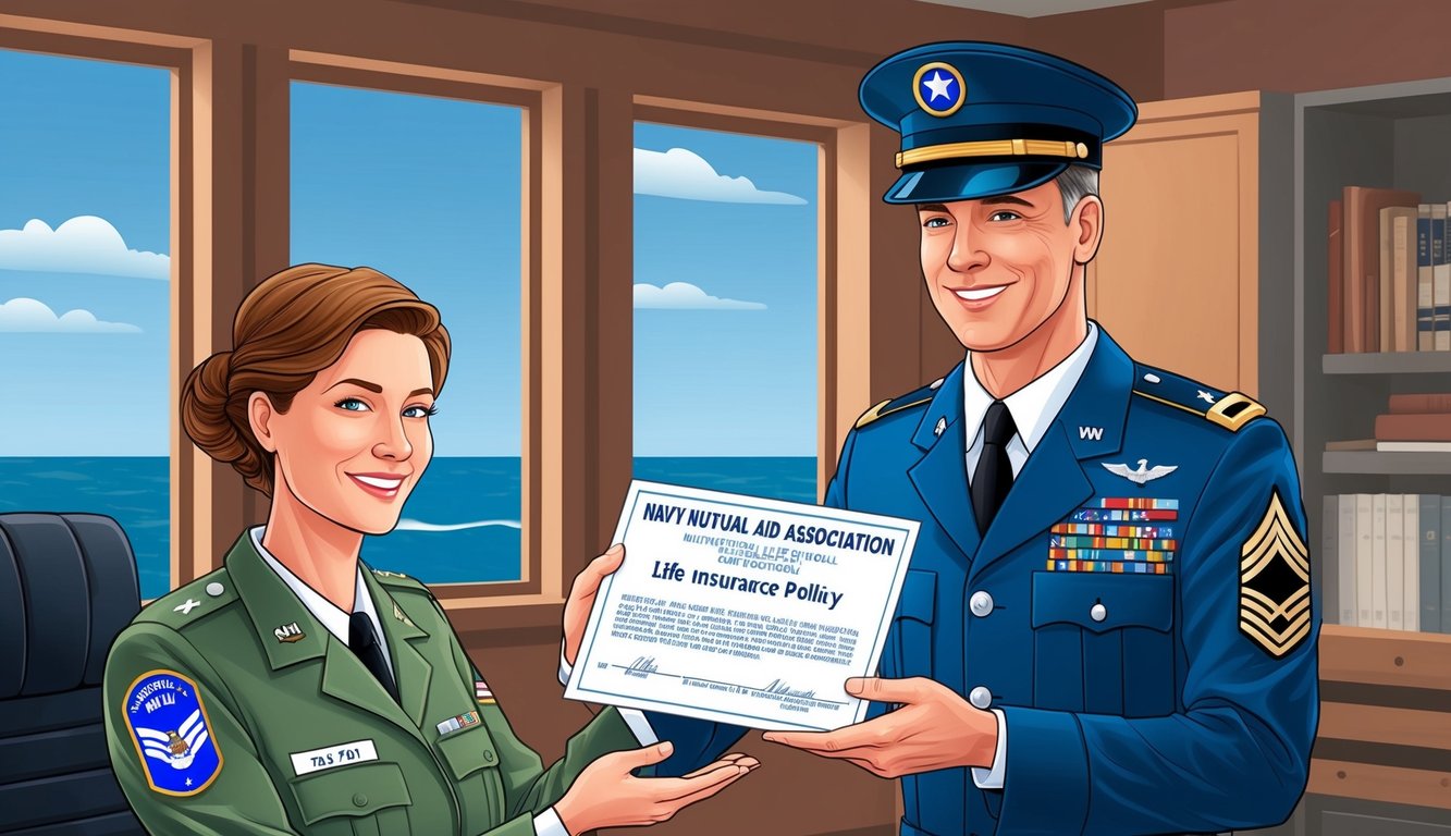 A retired military member receiving a life insurance policy from Navy Mutual Aid Association