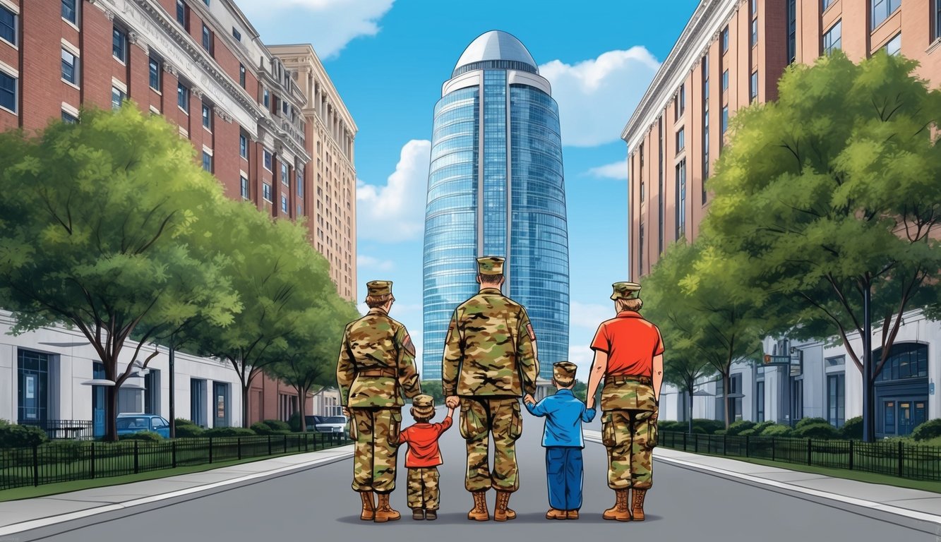 A retired military family standing in front of the Transamerica building, with a sense of security and peace of mind