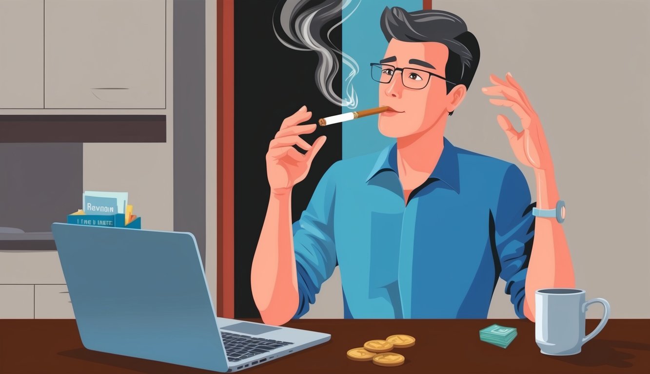 Man smoking a cigarette at a desk with a laptop, money, and coffee