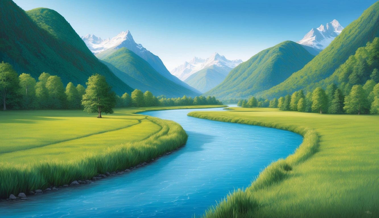 A serene, tranquil landscape with a peaceful river flowing through a lush green valley, surrounded by towering mountains under a clear blue sky