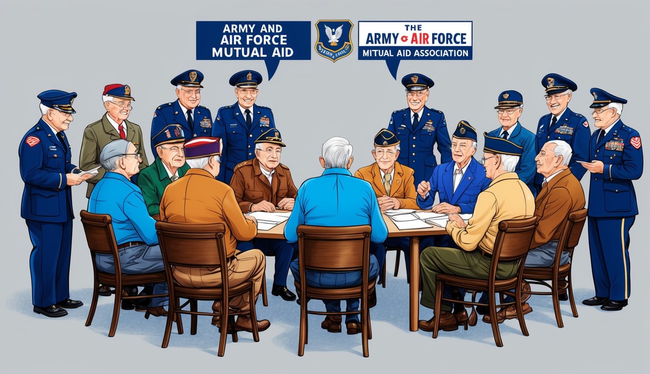 A group of elderly veterans gather around a table, discussing life insurance options with representatives from the Army and Air Force Mutual Aid Association