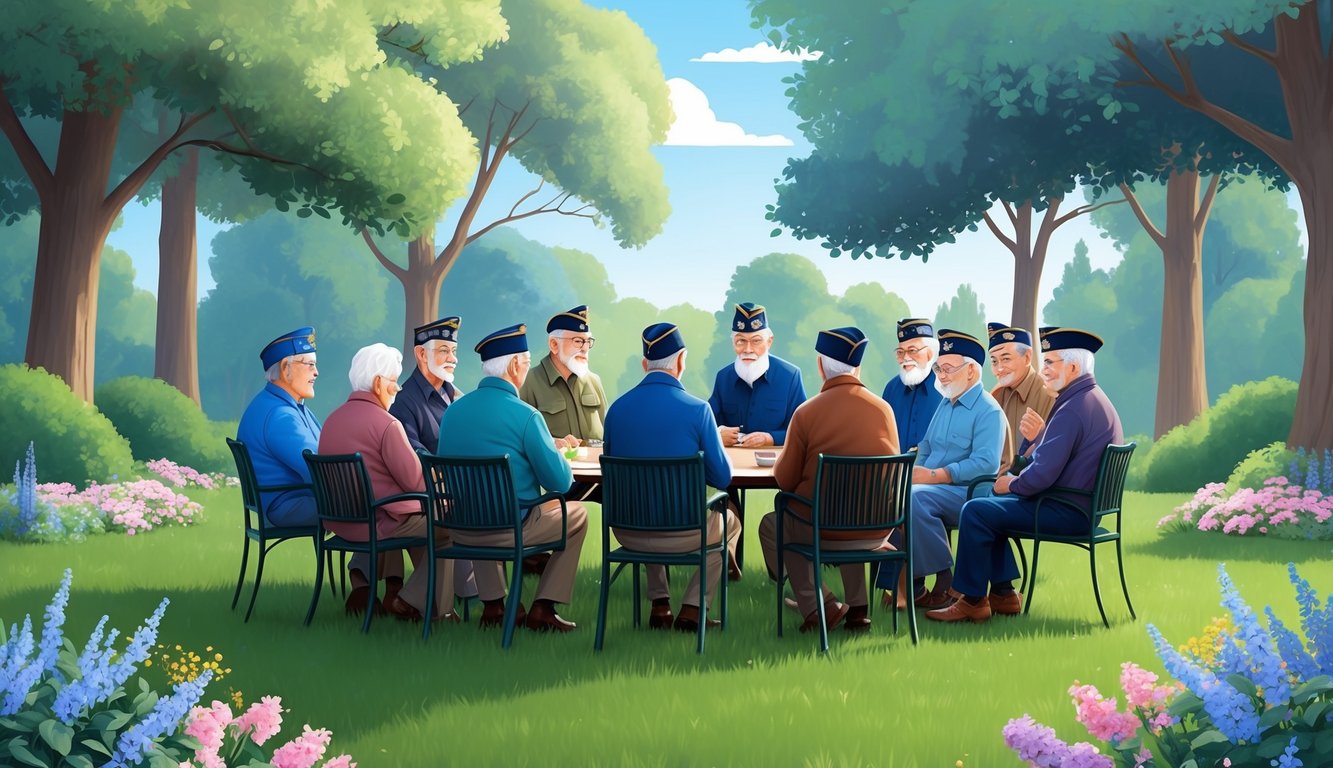 A group of elderly veterans gather in a peaceful garden, surrounded by tall trees and blooming flowers, as they discuss their VGLI coverage