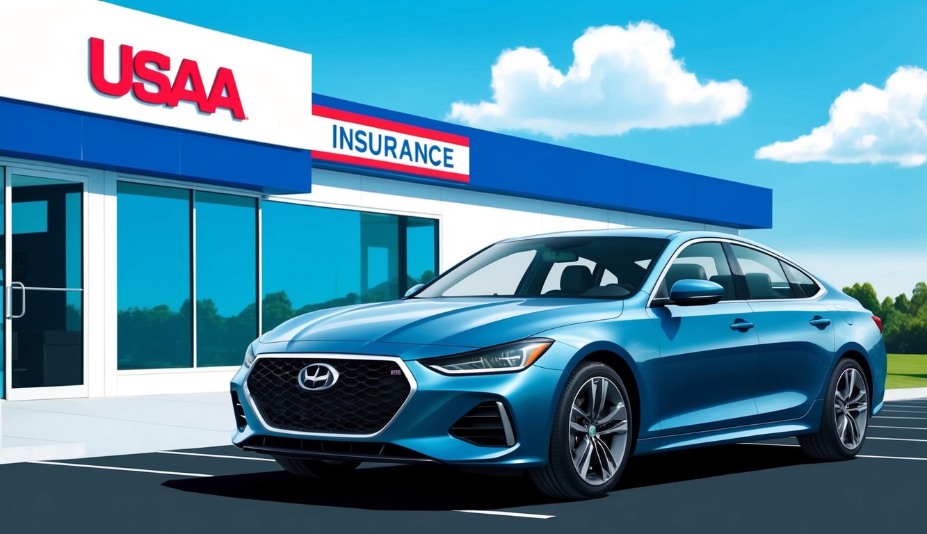 A sleek, modern car parked in front of a USAA insurance office, with a bright blue sky and a few fluffy clouds in the background