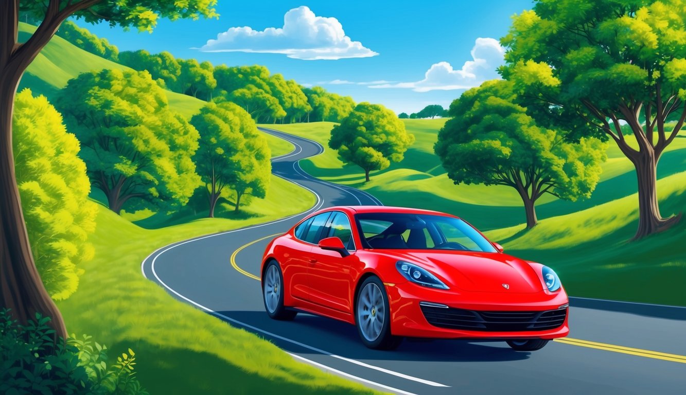 A red car driving on a winding road, surrounded by lush green trees and a clear blue sky