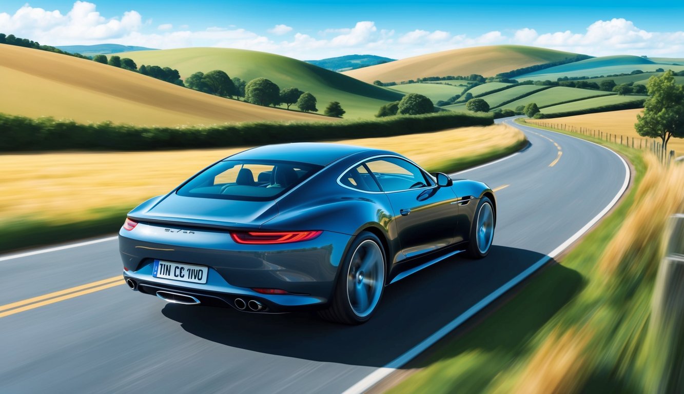 A sleek car driving through a scenic countryside, with a clear blue sky and rolling hills in the background