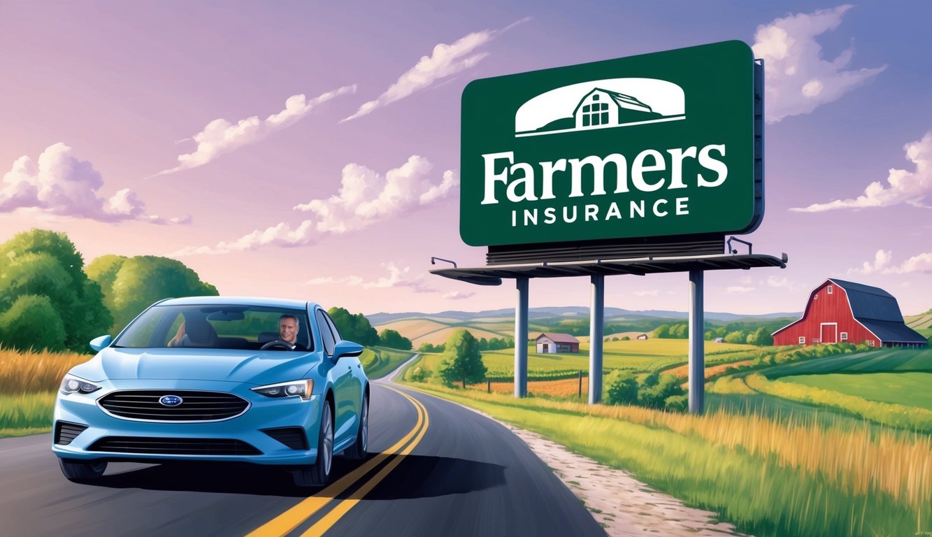 A car driving through a scenic rural landscape with a Farmers Insurance logo prominently displayed on a billboard