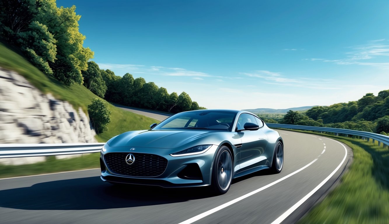 A sleek, modern car driving confidently down a winding road, surrounded by lush greenery and a clear blue sky