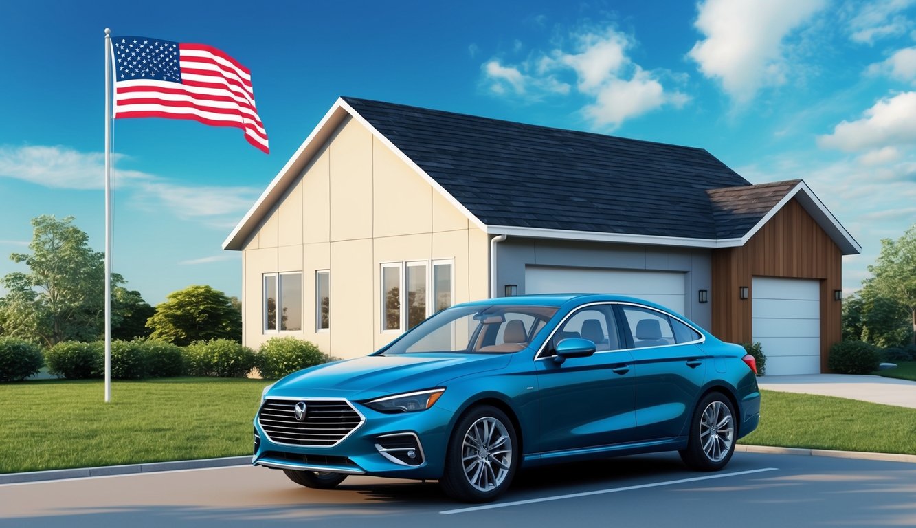 A family car parked in front of a modern house, with a smiling American flag flying in the background