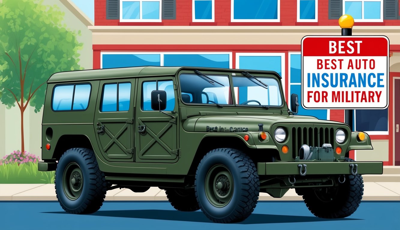 Green military vehicle with "Best Auto Insurance for Military" sign