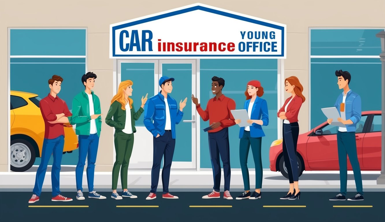 People standing outside a "Young Car Insurance Office" with cars in the background