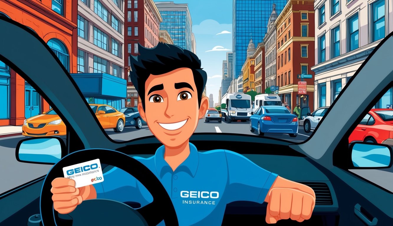 A young driver confidently navigating a busy city street with a GEICO insurance card in hand