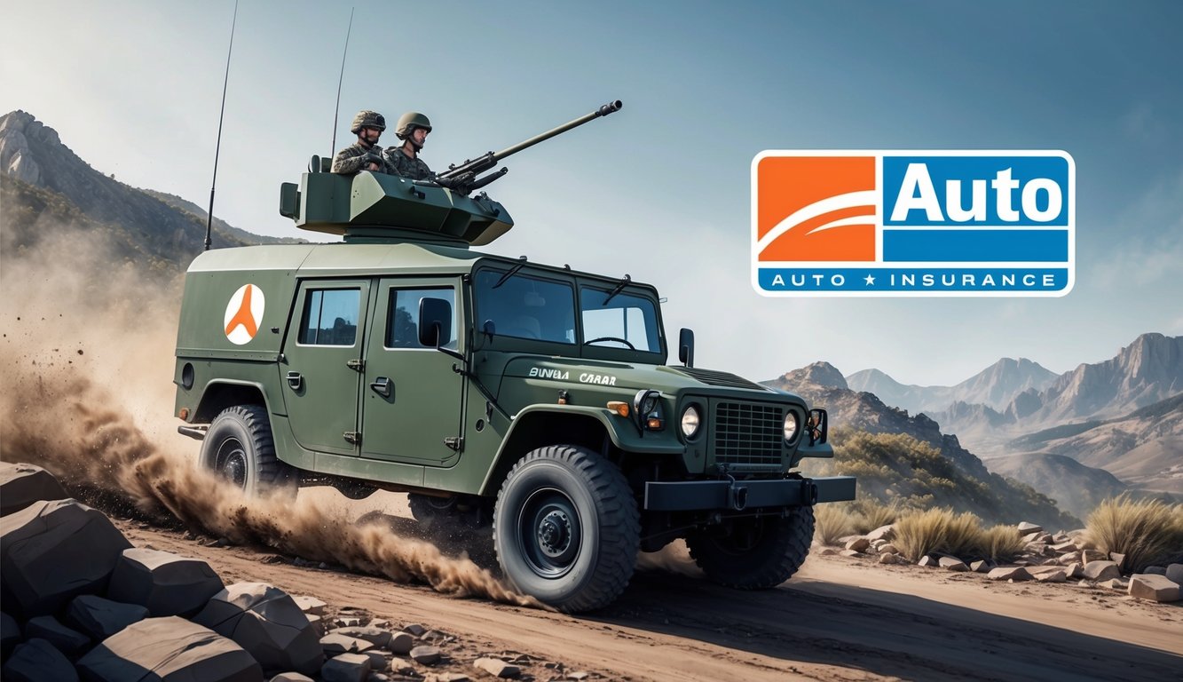 A military vehicle driving through a rugged terrain with a bold and modern auto insurance logo displayed prominently on the side