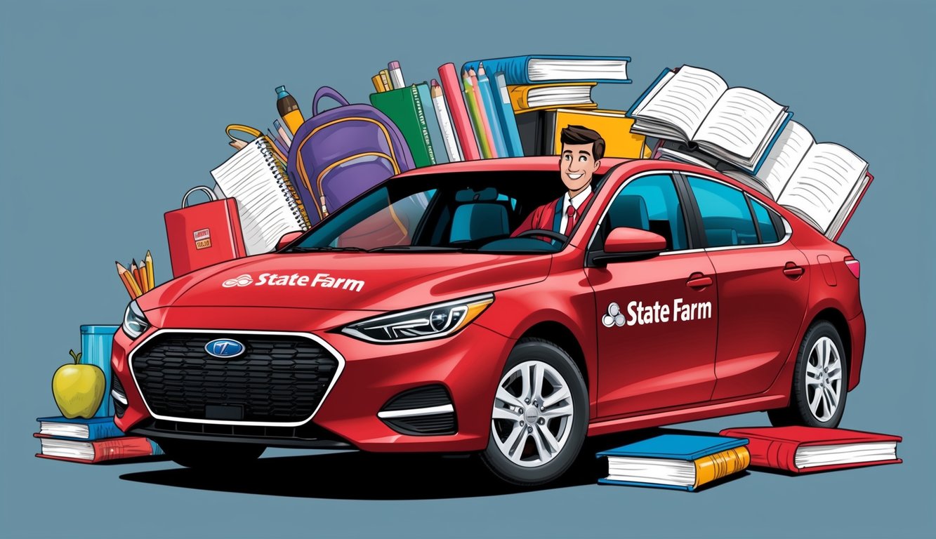 A student driving a car with a State Farm logo, surrounded by books and school supplies