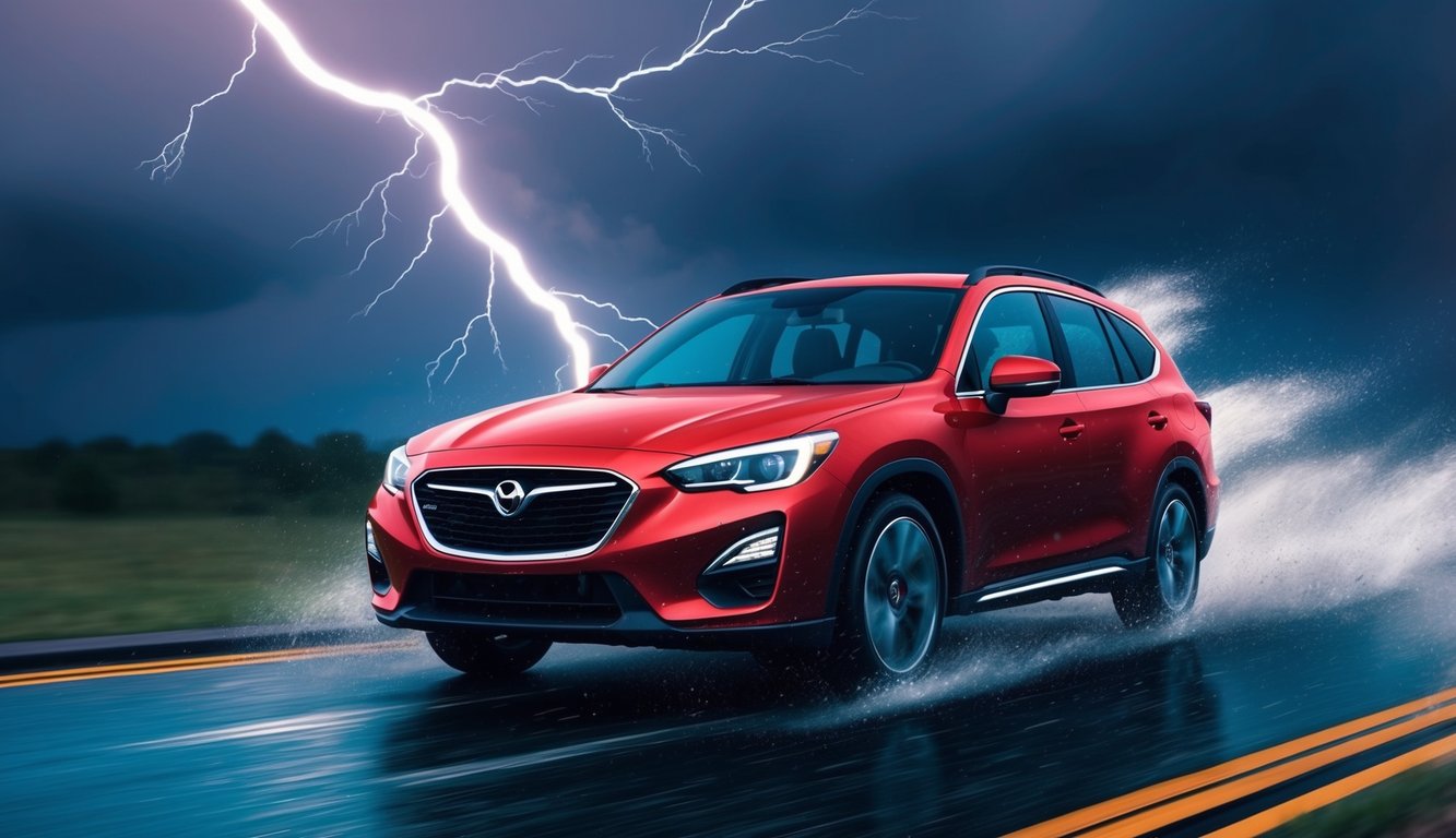 A car driving confidently through a storm, with lightning flashing in the background