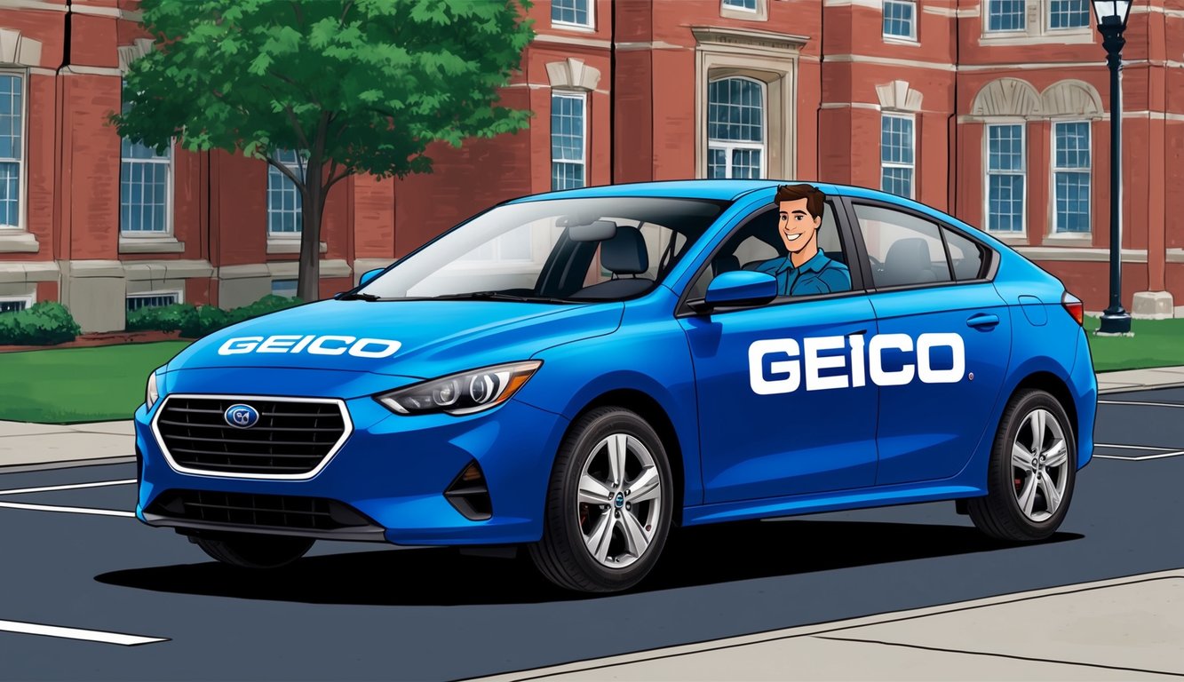 A student driving a car with a Geico logo, parked on a college campus