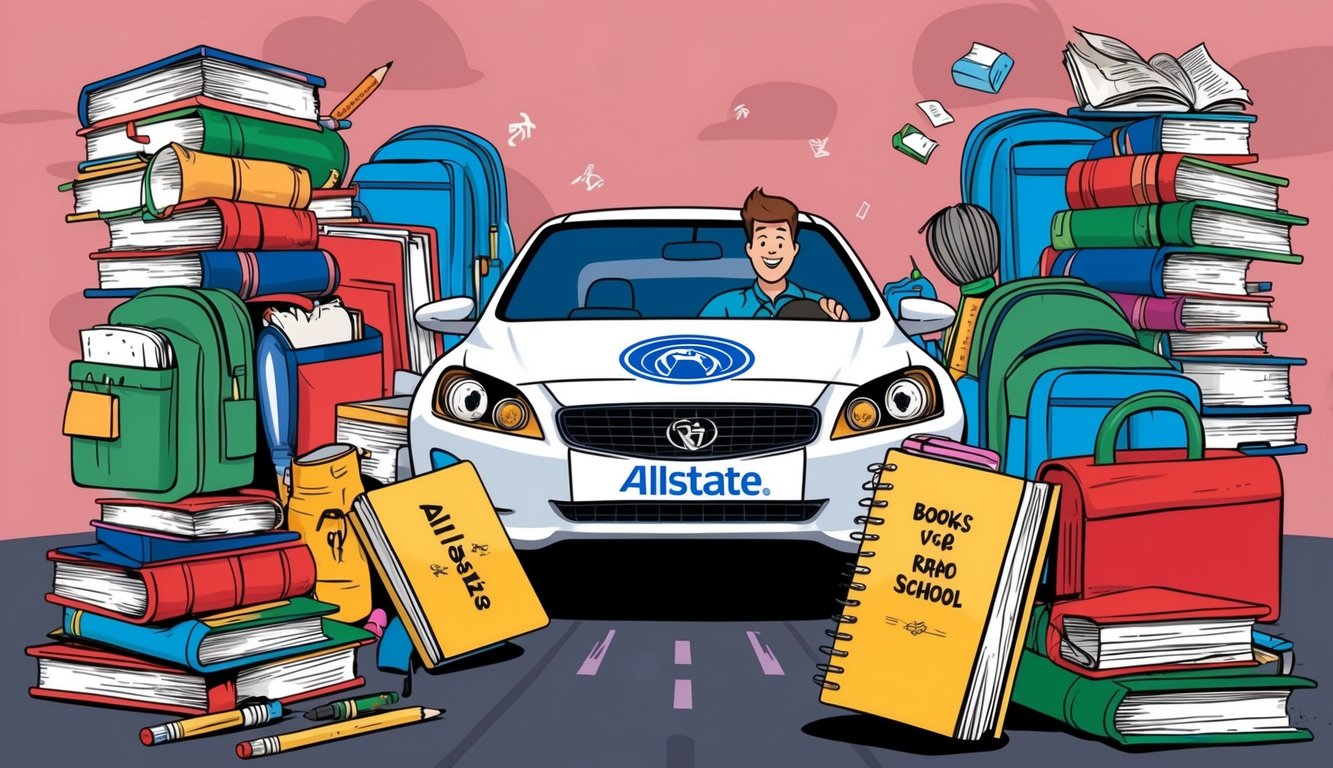 A student driving a car with an Allstate logo, surrounded by books and school supplies