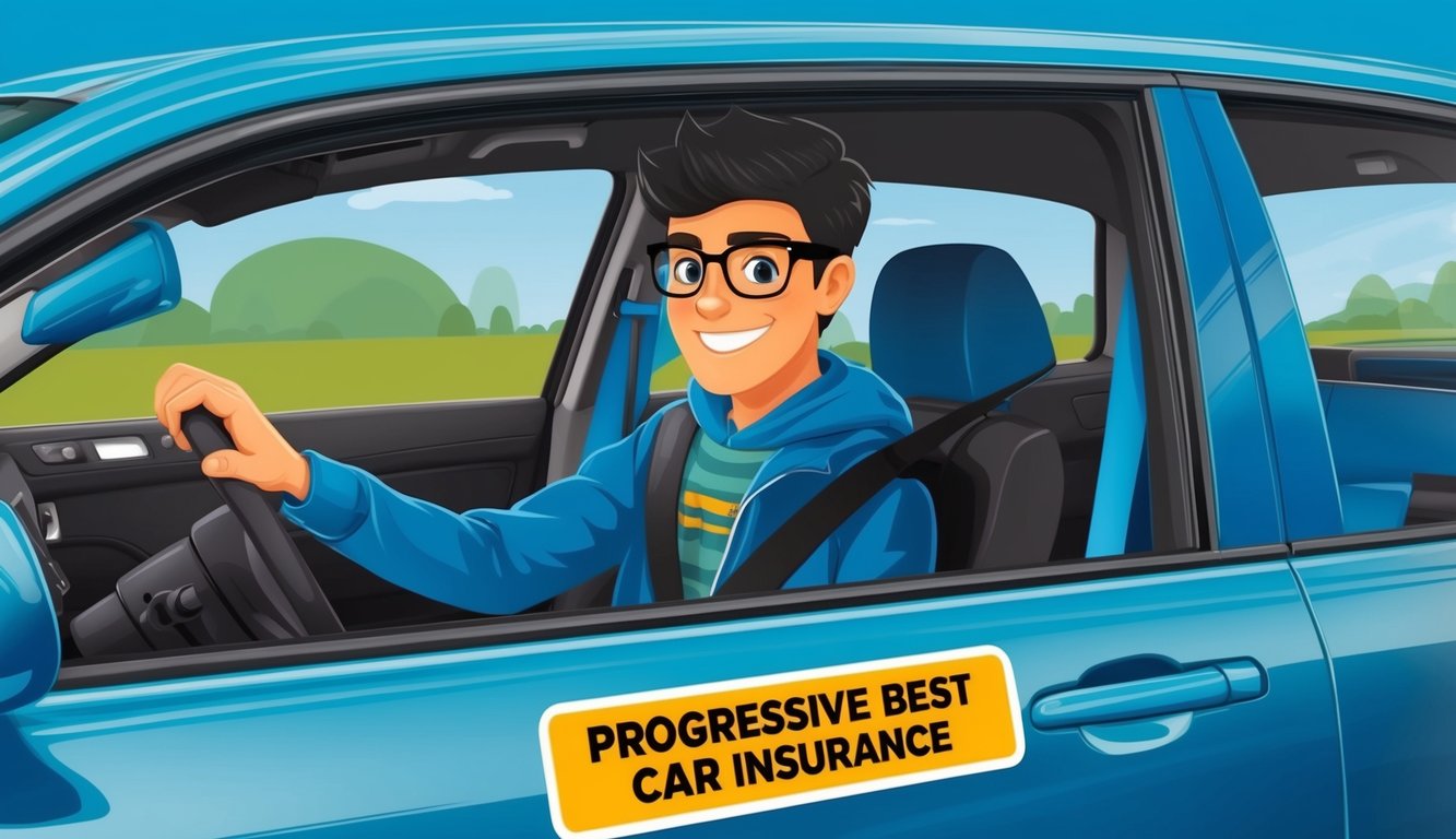 A young student driving a car with a "Progressive Best car insurance" sticker on the bumper