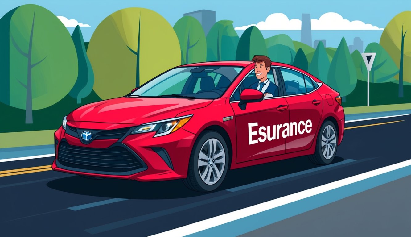 A student driving a car with an Esurance logo on the road