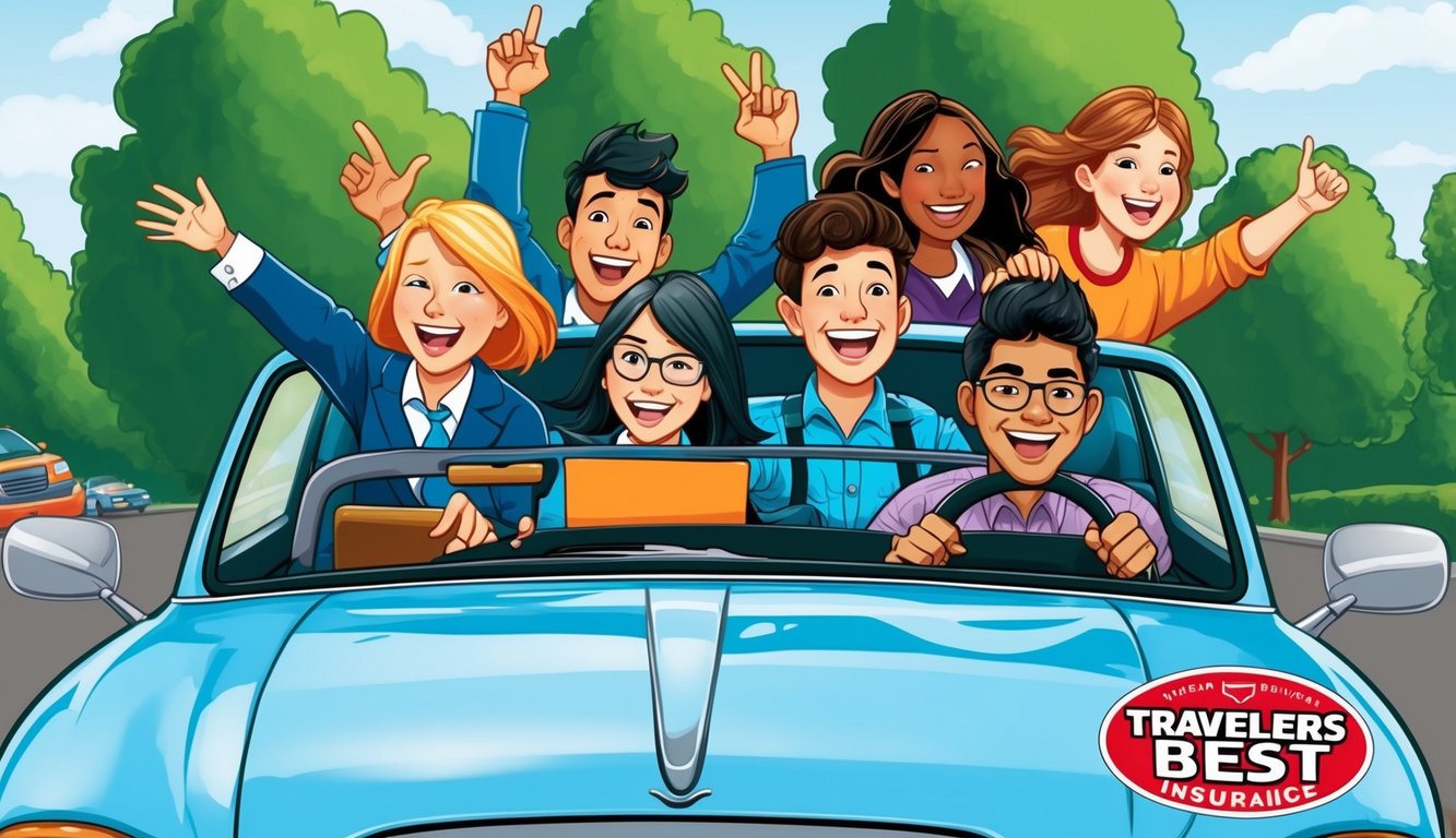 A group of students happily driving in a car with a "Travelers Best" insurance sticker on the bumper