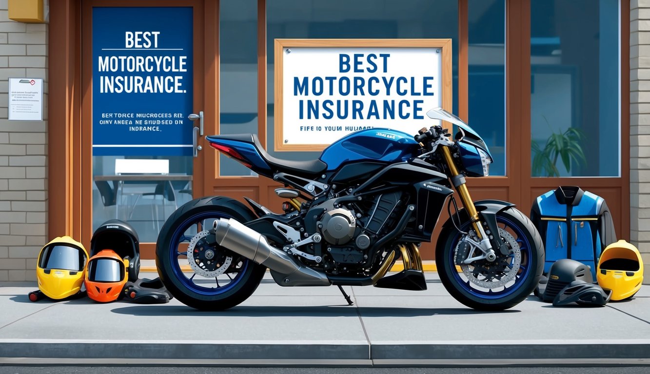 Blue motorcycle parked outside a shop advertising motorcycle insurance. Helmets and jacket