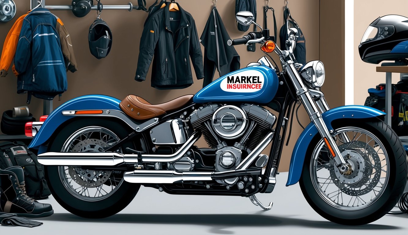 An American motorcycle parked in a garage, surrounded by various motorcycle gear and accessories, with a prominent Markel insurance sticker on the bike