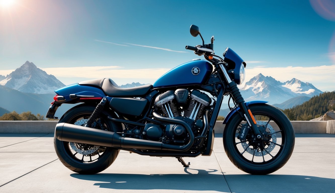 A sleek motorcycle parked in front of a scenic mountain backdrop, with a clear blue sky and the sun shining down