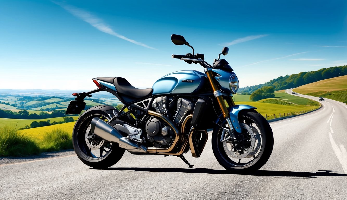 A sleek motorcycle parked in front of a scenic countryside landscape, with a clear blue sky and a winding road stretching into the distance