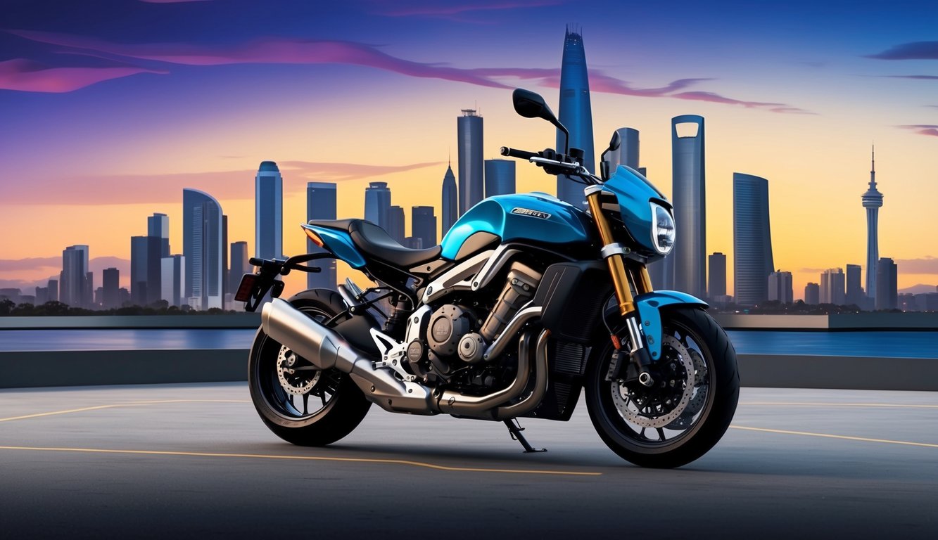 A sleek motorcycle parked in front of a modern city skyline at sunset