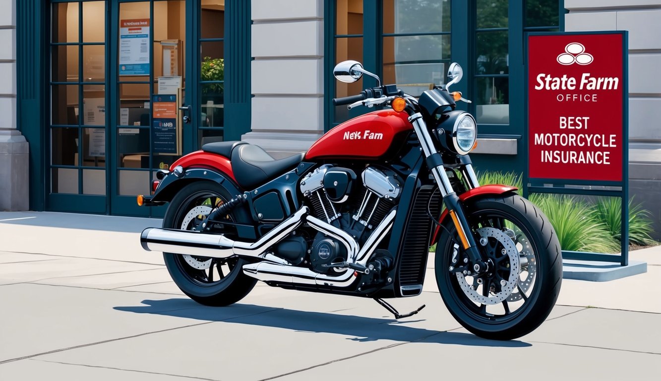 A sleek motorcycle parked in front of a State Farm office with a sign promoting "Best motorcycle insurance"