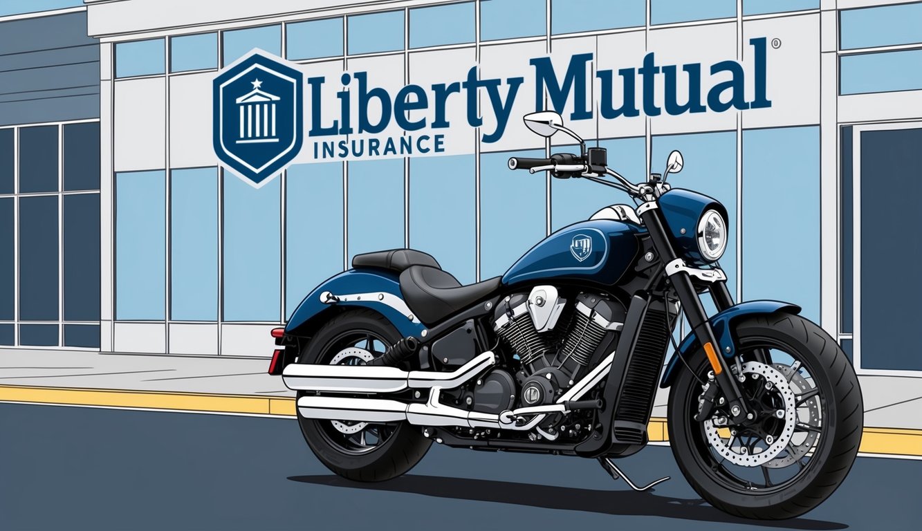 A sleek motorcycle parked in front of a Liberty Mutual insurance office, with the company logo prominently displayed on the building facade